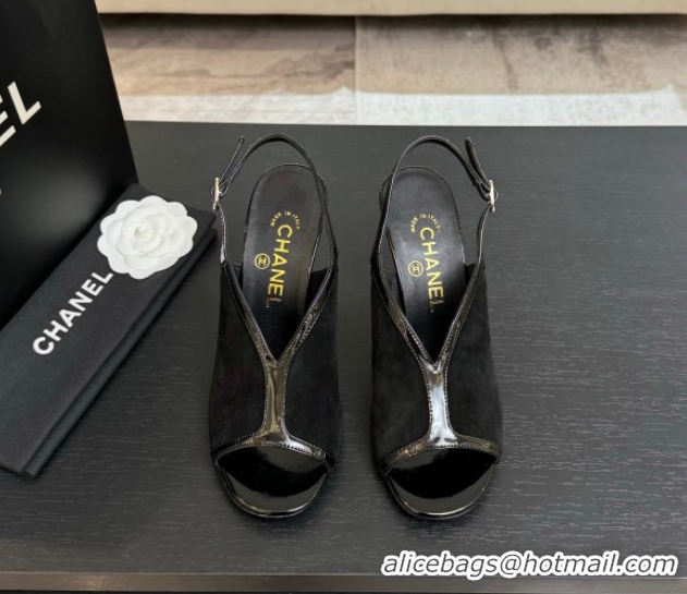 Luxury Discount Chanel Suede & Patent Calfskin Heel Sandals 8.5cm Black2 2025 G46538