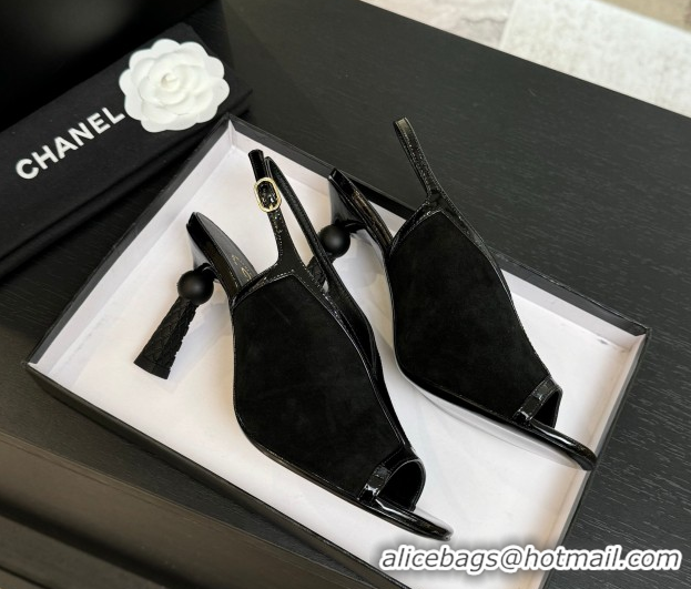 Luxury Discount Chanel Suede & Patent Calfskin Heel Sandals 8.5cm Black2 2025 G46538