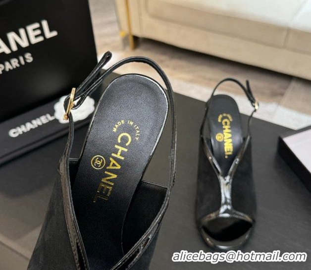 Luxury Discount Chanel Suede & Patent Calfskin Heel Sandals 8.5cm Black2 2025 G46538