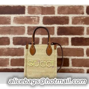 Pretty Style Gucci Super Mini Straw-Effect Tote bag 780083 Beige 2024