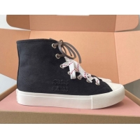 Stylish Miu Miu Washed Denim High-top Sneakers Black 2025 5E384E