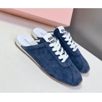Shop Duplicate Miu Miu Plumet Suede Flat Sneaker Mules Dark Blue 2025 MIU060303 0603109