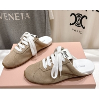 Expensive Miu Miu Plumet Suede Flat Sneaker Mules Beige 2025 MIU060303