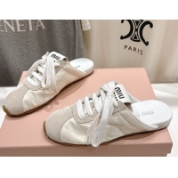 Popular Style Miu Miu Plumet Suede and Fabric Flat Sneaker Mules White 2025 MIU060303