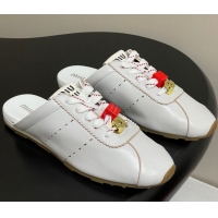 Grade Quality Miu Miu Plumet Leather Flat Sneaker Mules with Charm White 0603144