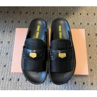 Perfect Miu Miu Nappa Leather Coin Flat Slides Sandal Black 2025 MIU060304 0603149
