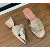 Fashion Loro Piana Summer Charms Sandal 5.5cm Heel in Suede LP62008 Deep Khaki