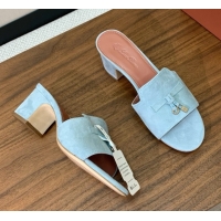 Lowest Price Loro Piana Summer Charms Sandal 5.5cm Heel in Suede LP62009 Light Blue