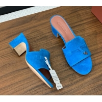 Good Quality Loro Piana Summer Charms Sandal 5.5cm Heel in Suede LP62018 Peacock Blue