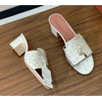 Cheap Price Loro Piana Summer Charms Sandal 5.5cm Heel in Ostrich Pattern Leather LP62301 Apricot