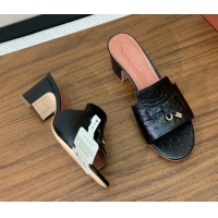 Good Product Loro Piana Summer Charms Sandal 5.5cm Heel in Ostrich Pattern Leather LP62302 Black