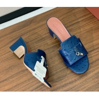 Low Price Loro Piana Summer Charms Sandal 5.5cm Heel in Ostrich Pattern Leather LP62305 Deep Blue