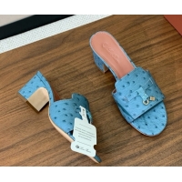 Top Grade Loro Piana Summer Charms Sandal 5.5cm Heel in Ostrich Pattern Leather LP62306 Blue