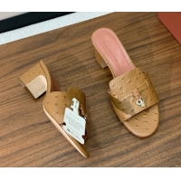 Top Design Loro Piana Summer Charms Sandal 5.5cm Heel in Ostrich Pattern Leather LP62307 Brown