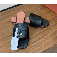Pretty Style Loro Piana Summer Charms Slides Sandal in Ostrich Pattern Leather LP62314 Black