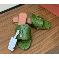 Luxury Cheap Loro Piana Summer Charms Slides Sandal in Ostrich Pattern Leather LP62319 Green