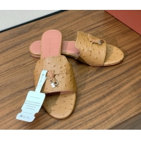 Luxury Loro Piana Summer Charms Slides Sandal in Ostrich Pattern Leather LP62320 Brown