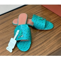 Classic Hot Loro Piana Summer Charms Slides Sandal in Ostrich Pattern Leather LP62321 Green