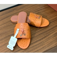 Stylish Loro Piana Summer Charms Slides Sandal in Ostrich Pattern Leather LP62322 Orange