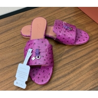 Perfect Loro Piana Summer Charms Slides Sandal in Ostrich Pattern Leather LP62324 Purple