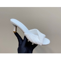 Good Product Bottega Veneta Blink Mid Heel Slides Sandal 6.5cm in Crochet Raffia Straw White 0428081