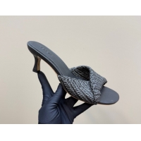 Charming Bottega Veneta Blink Mid Heel Slides Sandal 6.5cm in Crochet Raffia Straw Black 0428082