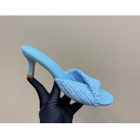Stylish Bottega Veneta Blink Mid Heel Slides Sandal 6.5cm in Crochet Raffia Straw Blue 0428083