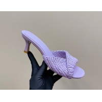 Trendy Design Bottega Veneta Blink Mid Heel Slides Sandal 6.5cm in Crochet Raffia Straw Purple 0428084