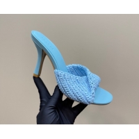 Perfect Bottega Veneta Blink High Heel Slides Sandal 9cm in Crochet Raffia Straw Blue 0428088