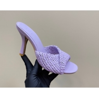 Sumptuous Bottega Veneta Blink High Heel Slides Sandal 9cm in Crochet Raffia Straw Purple 0428089