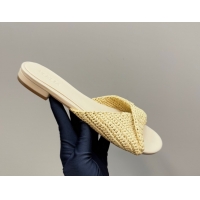 Best Grade Bottega Veneta Blink Flat Slides Sandal in Crochet Raffia Straw Beige 428090