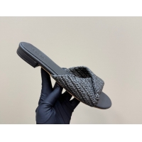 Good Quality Bottega Veneta Blink Flat Slides Sandal in Crochet Raffia Straw Black 0428092