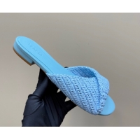 Grade Quality Bottega Veneta Blink Flat Slides Sandal in Crochet Raffia Straw Blue 0428093