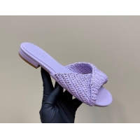 Sumptuous Bottega Veneta Blink Flat Slides Sandal in Crochet Raffia Straw Purple 0428094