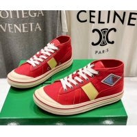 Stylish Bottega Veneta Eliot Mid-top Sneakers in Canvas with Leather Trim Scarlet Red/Tomato 0428098