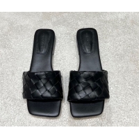 Popular Style Bottega Veneta Parco Square Flat Slides Sandals in Soft Intrecciato Leather Black 0604010
