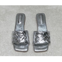 Shop Duplicate Bottega Veneta Parco Square Flat Slides Sandals in Soft Intrecciato Leather Silver 0604015