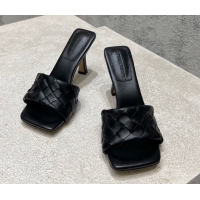 Duplicate Bottega Veneta Parco Square Heel Slides Sandals 9cm in Soft Intrecciato Leather Black 0604017