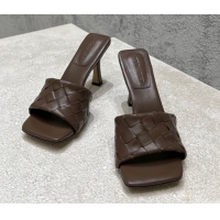 Good Product Bottega Veneta Parco Square Heel Slides Sandals 9cm in Soft Intrecciato Leather Chocolate 837737
