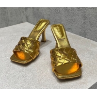 Top Grade Bottega Veneta Parco Square Heel Slides Sandals 9cm in Soft Intrecciato Leather Gold 2025 837737 0604023