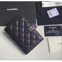 Top Grade Chanel Grained Calfskin Passport Cover A3658 Black/Gold 2025