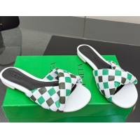 Luxury Bottega Veneta Blink Flat Slides Sandals in Vichy Intrecciato Leather with Folded Detail Green 0604035