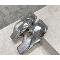 Purchase Bottega Veneta Riva Heel Slides Sandal 9cm in Shiny Calfskin with Twisted Strap Silver 0604049