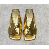 Sophisticated Bottega Veneta Riva Flat Slides Sandal in Shiny Calfskin with Twisted Strap Gold 0604052