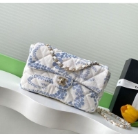 Top Grade Chanel Printed Denim Flap Bag AS5454 White/Blue 2025