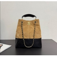 Top Design Chanel Suede & Lambskin Small Shopping Bag 99485 Beige/Black 2025