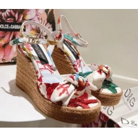 Top Grade Dolce & Gabbana Printed Fabric Wedge Sandals 10cm with Bow White 0604138