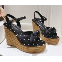 Good Quality Dolce & Gabbana Dotted Fabric Wedge Sandals 10cm with Bow Black 0604139