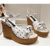 Luxurious Dolce & Gabbana Dotted Fabric Wedge Sandals 10cm with Bow White 0604140