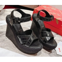 Luxury Cheap Christian Louboutin Malfadina Zeppa Wedge Sandals 12cm in Embossed Leather Black 0604132